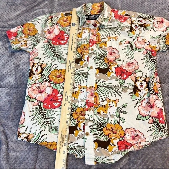 Hot Topic Corgi Tropical Hibiscus Floral Button Up Shirt Mens Medium Cream Short - Picture 4 of 6